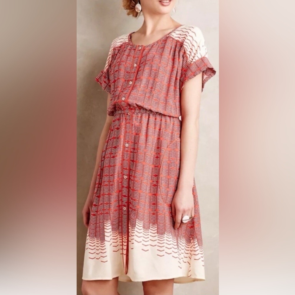 Maeve Coral and Cream Printed Short-Sleeve Button Dress